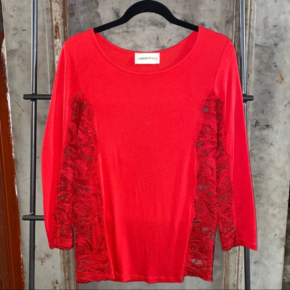 Emilio Pucci Red Lace Panel Long Sleeve Shirt